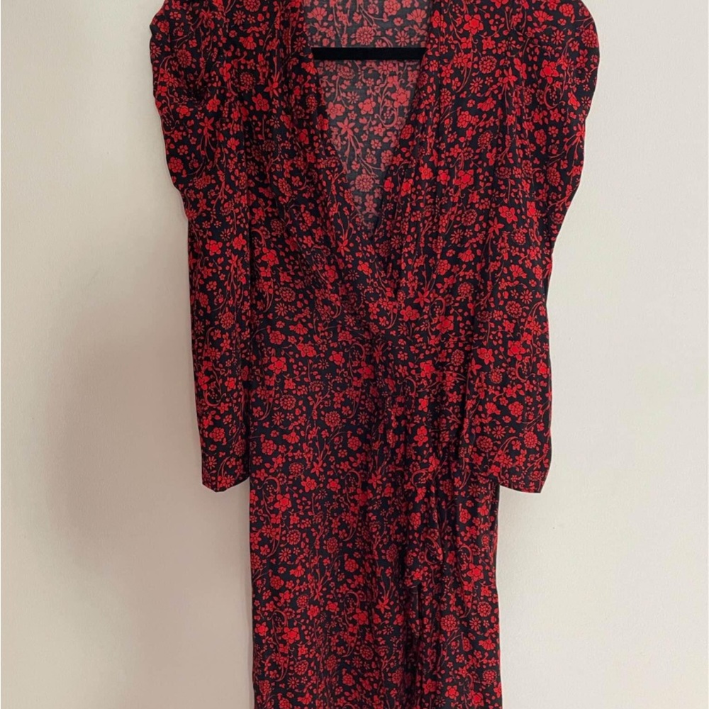 Maje Black Dress with Red Floral Print Long Sleeve
